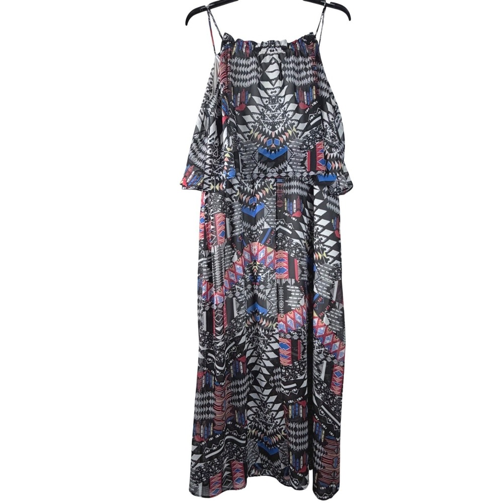 NY Collection Woman Geometric Tribal Print Maxi Dress Black Red 2X Sleeveless - Picture 3 of 10